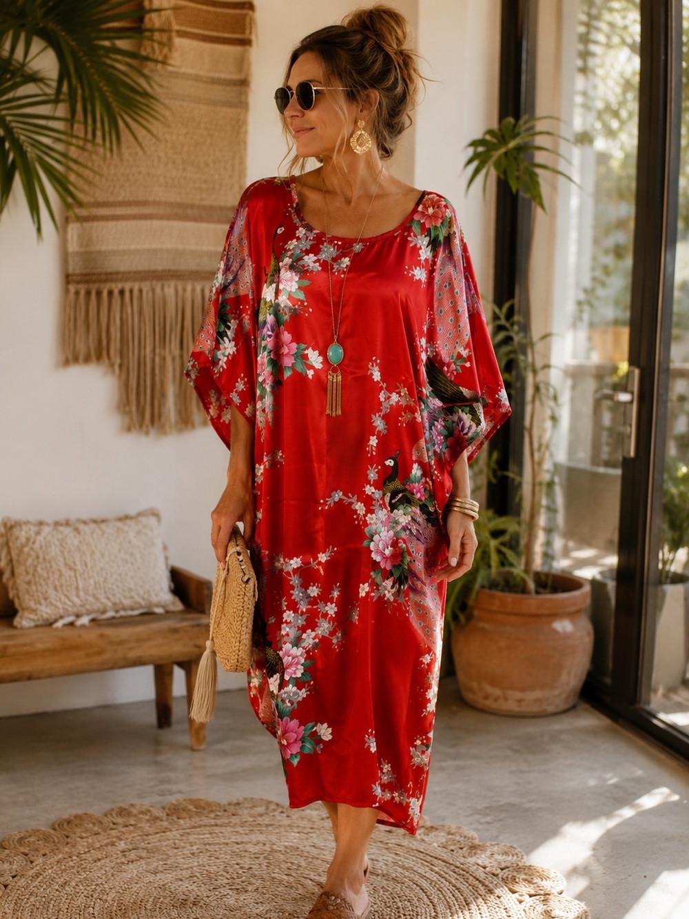 Cool Art Red Satin‎ Kaftan Loungewear Peacock Floral Kimono Maxi Dress Boho Mumu